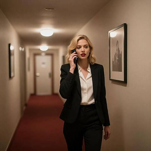 Blonde Businesswoman Talking on Phone in Hotel Hallway