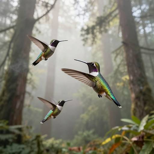 Iridescent Hummingbirds in Misty Forest