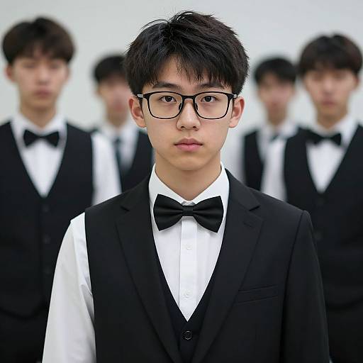 Photograph of an Asian teenage boy with black hair, glasses, and a black tuxedo with a bow tie, surrounded by blurred, similarly dressed