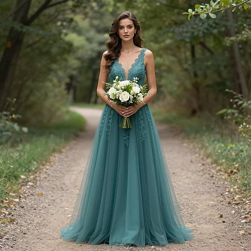 Elegant Teal Wedding Dress in Nature