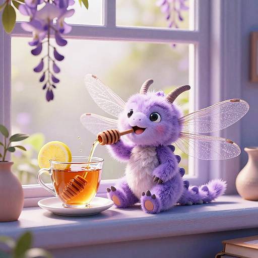 Cute digital illustration of a purple, fuzzy, baby dragon with transparent wings sipping honey from a stick into a tea cup on a sunny windowsill