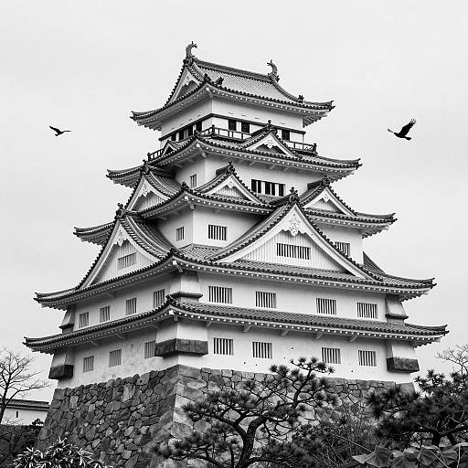 Traditional Japanese Castle in Black and White