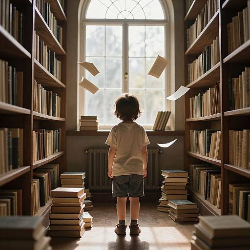 Photograph-like digital artwork of a young boy with messy brown hair, wearing a white shirt and gray shorts, standing in a sunlit library aisle with