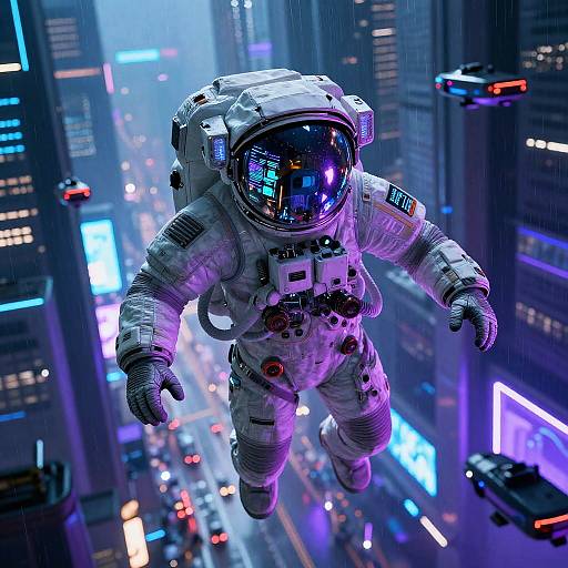 Cyberpunk Astronaut in Neon Cityscape