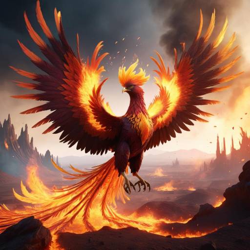 Majestic Phoenix Rising from Fiery Landscape Majestic Phoenix Rising from Fiery Landscape