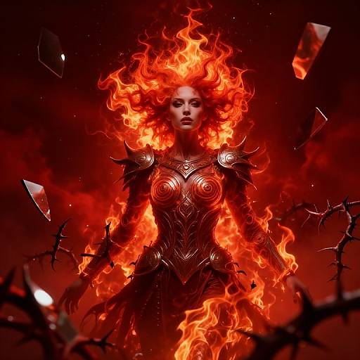 Digital art of a fierce, red-haired woman engulfed in flames, wearing ornate, black armor with intricate designs, amidst flying shards. Dark,