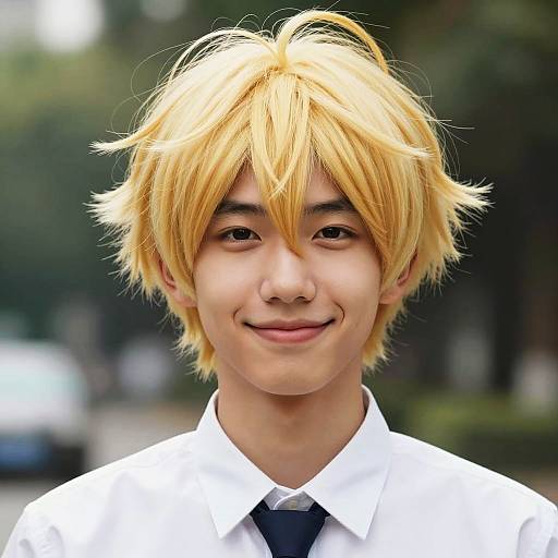 Young Man Wearing Blonde Wig in White Shirt and Tie