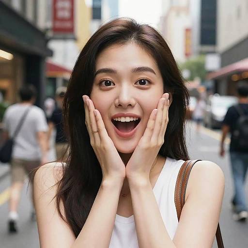 Photograph of an Asian woman with long black hair, surprised expression, hands on cheeks, wearing white sleeveless top, urban street background.