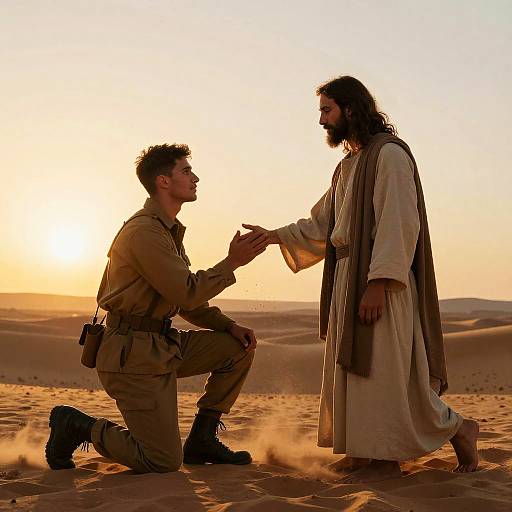 Photograph of a soldier kneeling, hand outstretched, touching the hand of a bearded Jesus in a desert at sunset.
