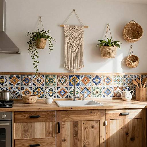 Cozy kitchen photograph with wooden cabinets, colorful tile backsplash, macramé wall hanging, hanging plants, wicker baskets, and sunlight.