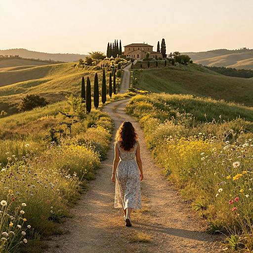 Photograph of a woman with long curly hair in a floral dress walking away on a sunlit, flower-filled country path towards a distant rustic farmhouse and