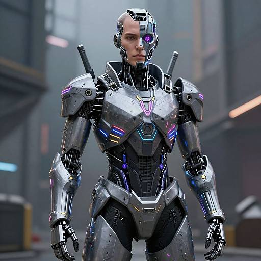 CGI image of a futuristic, silver female android with purple eyes and glowing accents, standing in a dim, industrial setting.