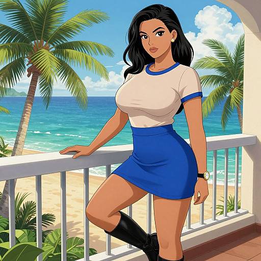 Digital illustration of a curvy woman with long black hair, wearing a white top, blue skirt, and black boots, leaning on a beachside balcony