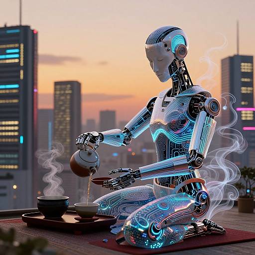 Digital art of a glowing, blue-neon humanoid robot pouring tea on a rooftop, cityscape with sunset, steam rising, cups on a red mat
