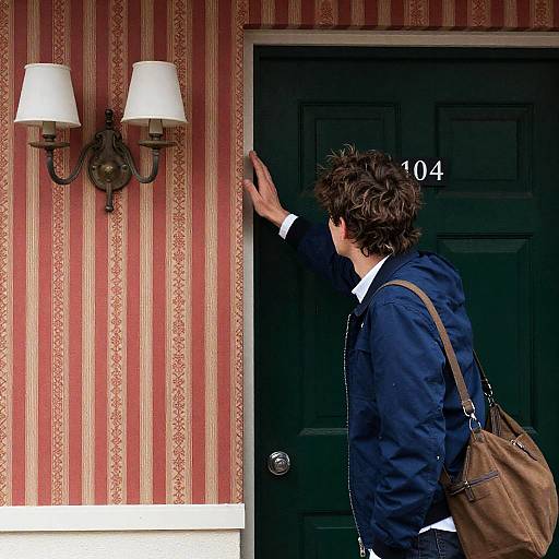 Man at Green Door with Brown Bag