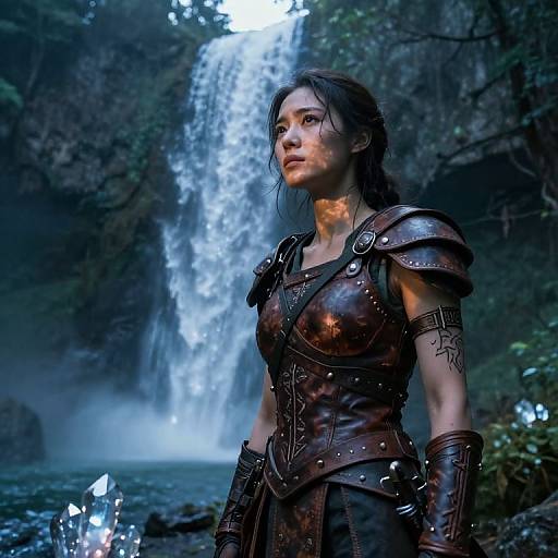 CGI image of a determined woman in medieval armor, standing before a powerful waterfall in a misty, forested canyon.