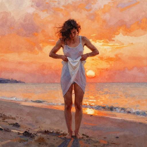 Painted digital image of a woman with curly hair, wearing a white dress, adjusting it on a beach at sunset with an orange and pink sky.