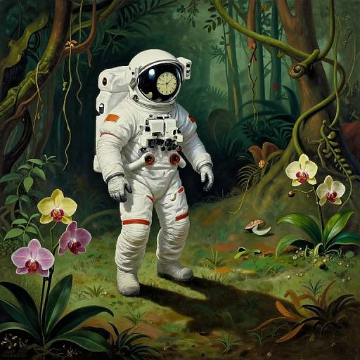 Digital artwork of a white astronaut with a black visor and clock, standing in a lush, dark forest with colorful orchids.