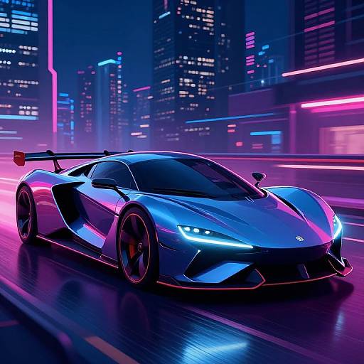 Neon-lit, futuristic cityscape photograph of a sleek, blue Lamborghini Huracán with glowing headlights and a prominent rear spoiler, speeding down