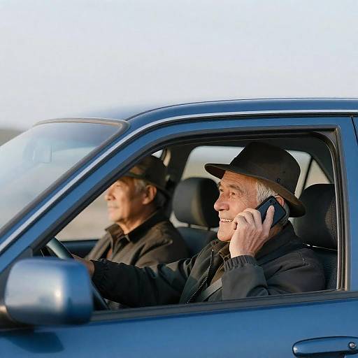 Two Older Men in Blue Car
