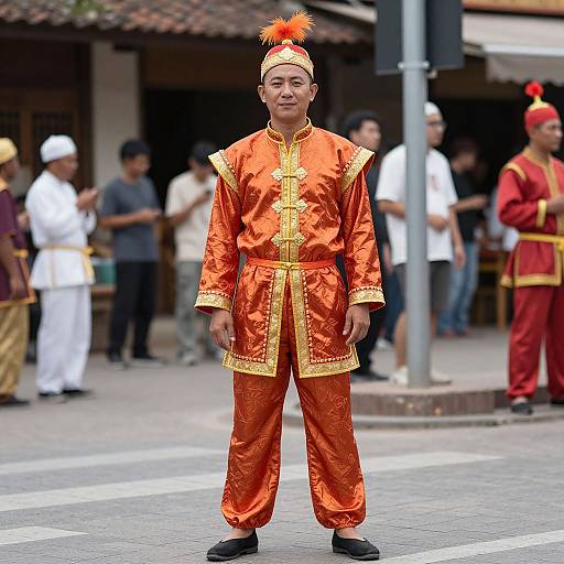 Photograph of a smiling Asian man in an orange and gold traditional Chinese costume with a red hat, standing on a street with blurred onlookers in