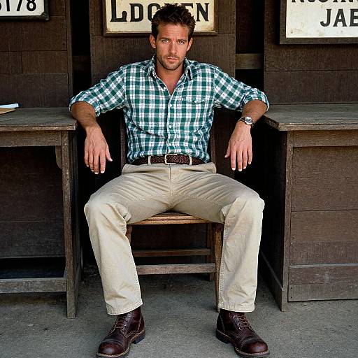 Photograph of a handsome man with short brown hair, wearing a green checkered shirt, beige pants, and brown boots, sitting relaxed between wooden desks