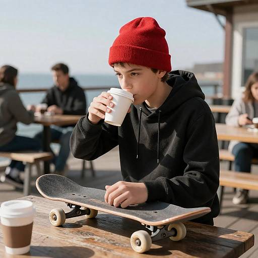 Teen Skateboarder in Red Beanie Cafe
