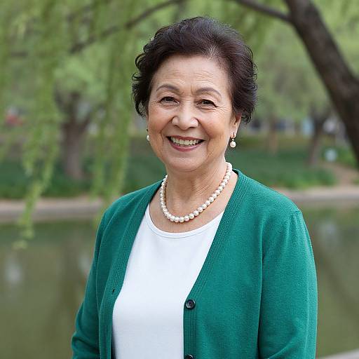 Smiling Senior Woman in Green Cardigan