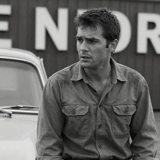 Black and White Portrait of Concerned Man in Work Shirt