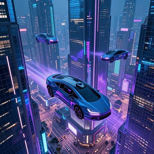 Digital art: futuristic cityscape with neon-lit skyscrapers and three hovering, sleek, purple-tinged cars flying above a busy, illuminated