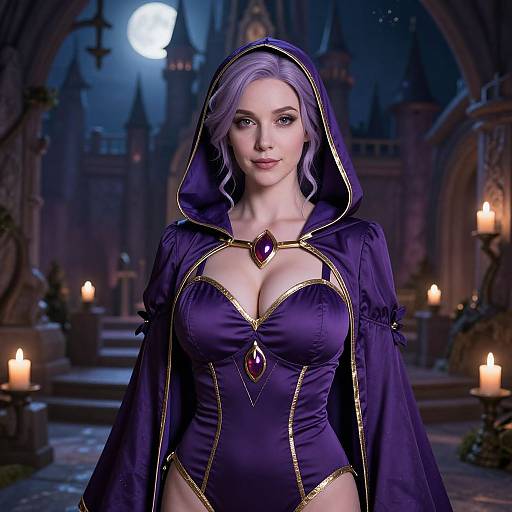 Digital art of a fair-skinned, purple-haired woman in a dark purple, low-cut, hooded gown with gold trim and purple gems, standing