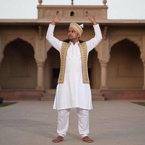 Photograph of a South Asian man in white traditional outfit with gold vest and turban, standing barefoot in front of a historic, sandstone arch