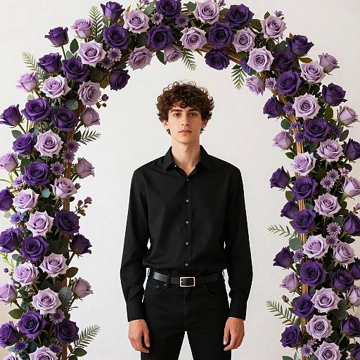 Photograph of a curly-haired young man in a black shirt and pants standing in front of a large, purple and lavender rose arch.