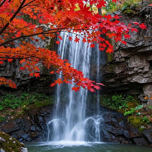 Photograph of a cascading waterfall surrounded by vivid red autumn leaves, dark rocky cliffs, and green foliage, capturing nature's vibrant colors.