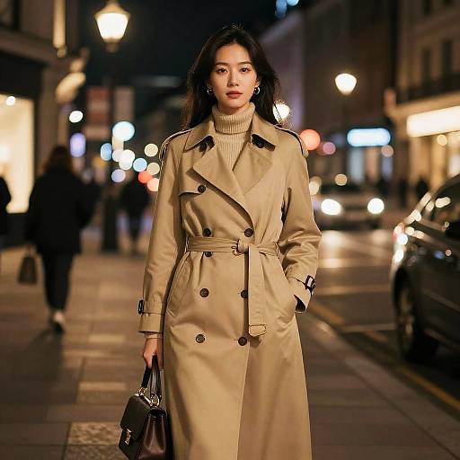 Stylish Woman in Trench Coat on Urban Street at Night