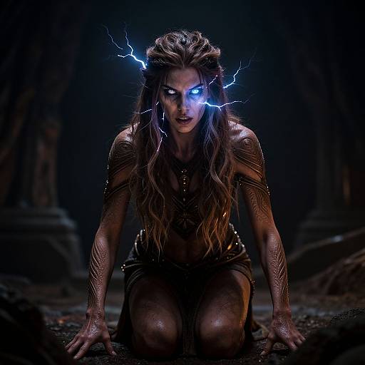 Photograph-style digital art of a fierce, glowing-eyed woman with long brown hair, electric blue lightning bolts, and intricate arm tattoos, kneeling in a