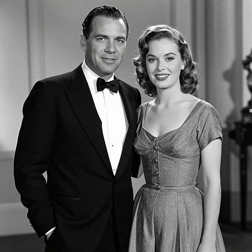 Black-and-white photograph of a handsome man in a tuxedo and a beautiful woman in a vintage dress, standing together, smiling, in an elegant