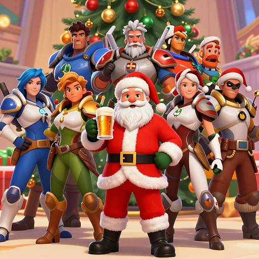 CGI image: Santa Claus with a mug stands in front of eight colorful, armored characters, including Link and Samus, in a festive, decorated