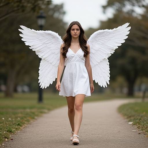 Photograph of a young woman with long brown hair, wearing a white dress and large white angel wings, walking on a park path with blurred trees in
