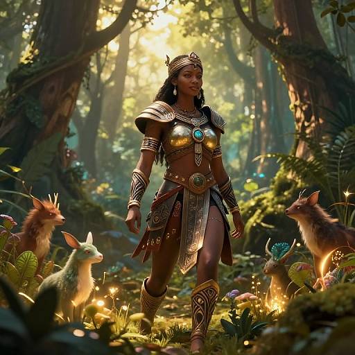 Digital fantasy artwork of a dark-skinned woman in ancient armor with turquoise accents, standing in a sunlit enchanted forest surrounded by magical deer and vibrant mushrooms
