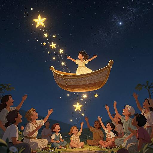 Digital illustration of children with raised hands, watching a glowing girl in a boat with stars, under a starry night sky.
