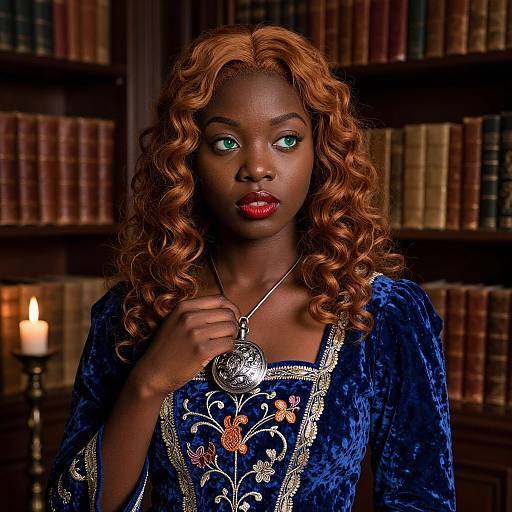 Photograph of a beautiful African-American woman with curly red hair, green eyes, and red lipstick, wearing a blue velvet dress with gold embroidery, holding