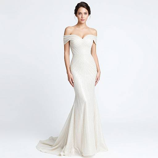 Photograph of a woman with fair skin, dark hair in an updo, wearing an off-shoulder, white, form-fitting, ple