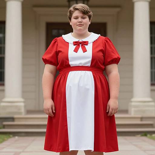 Photograph of a plus-size woman with short brown hair, wearing a red and white maid dress with puffed sleeves, standing in front of a white