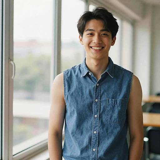 Photograph of a smiling Asian man with short black hair, wearing a sleeveless blue denim shirt, standing by a sunlit window.