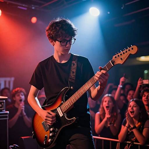 Photograph of a young man with curly hair, glasses, and black t-shirt playing a sunburst electric guitar on stage, under colorful red and blue