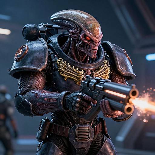 CGI image of a futuristic, armored alien with a metallic, textured helmet, wielding a glowing gun, in a dark, industrial setting.