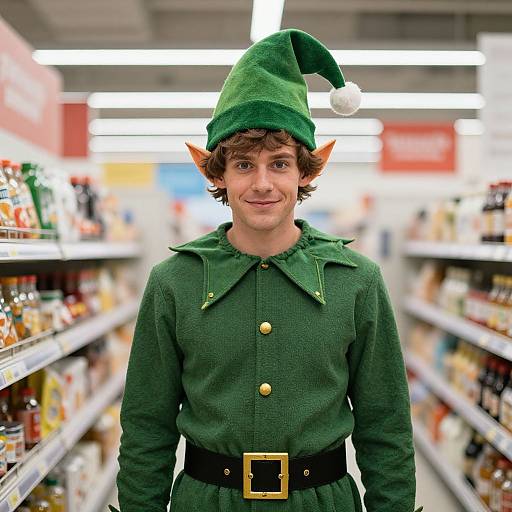Photograph of a young man with curly brown hair, wearing a green elf costume with pointed ears, standing in a brightly lit grocery store aisle.