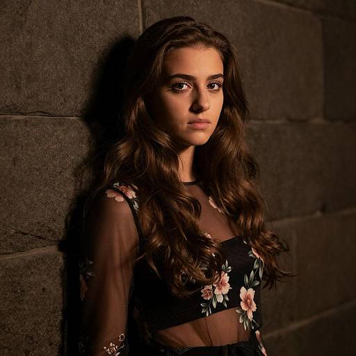 Young Woman in Sheer Floral Top Against Stone Wall
