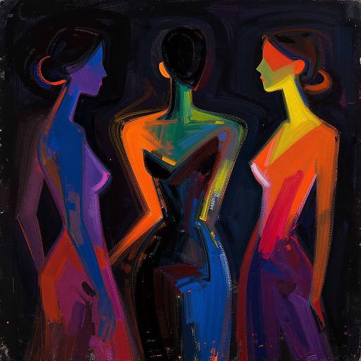 Abstract digital painting of three neon-colored, silhouette women in dark background, with vibrant blue, orange, and red hues highlighting their forms.